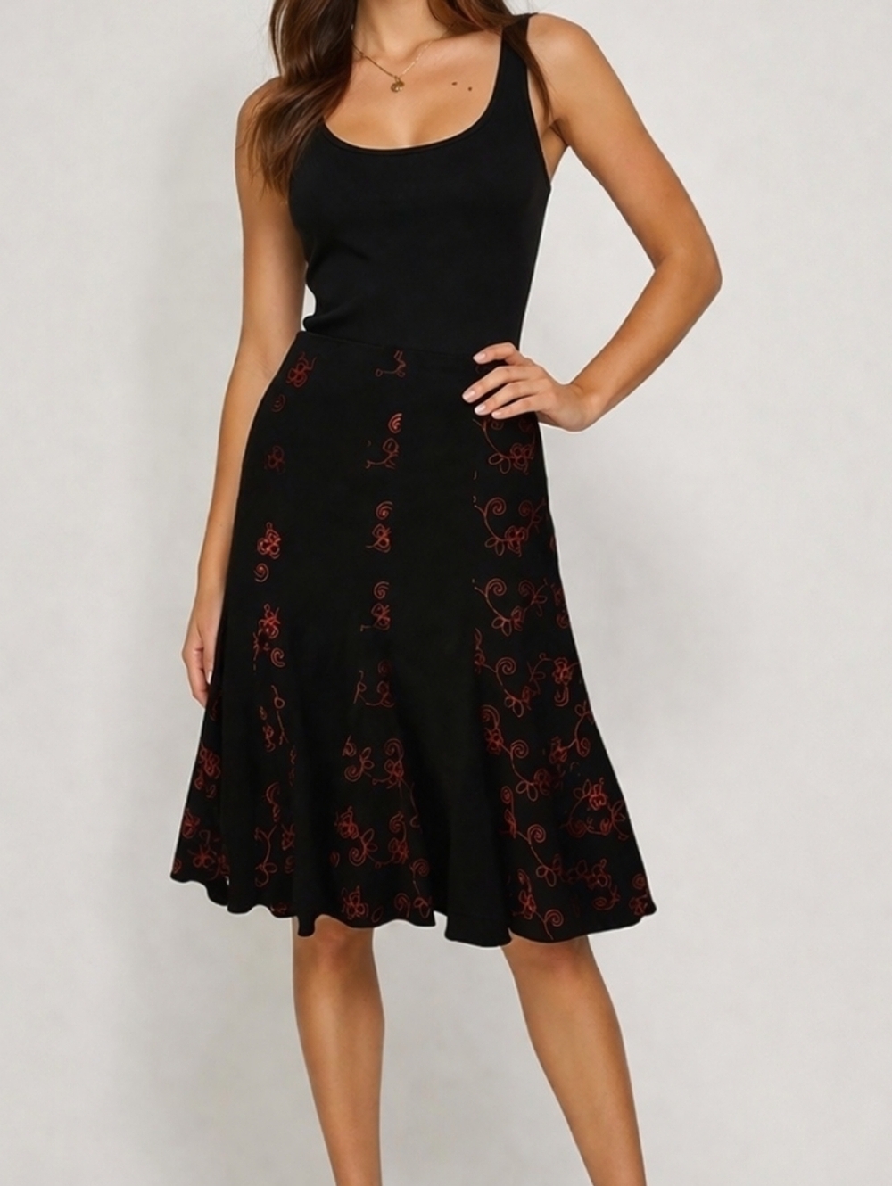 FINAL TOUCH Black and Red Floral Embroidered Gothic A-line Skirt